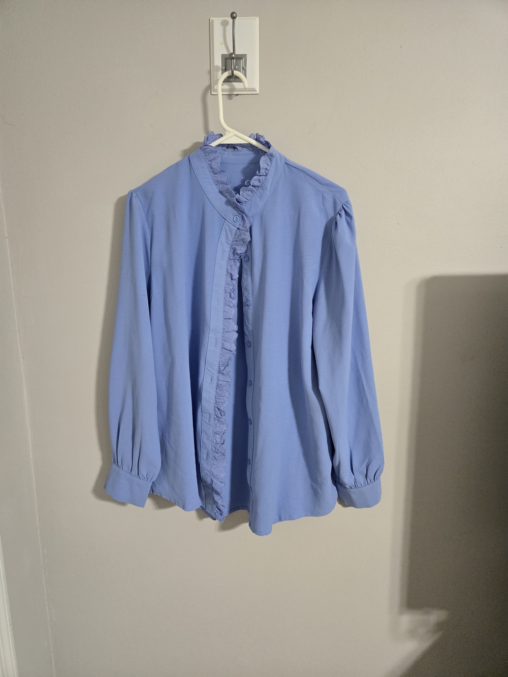 Women's Light Blue Ruffle-Trim Button Blouse